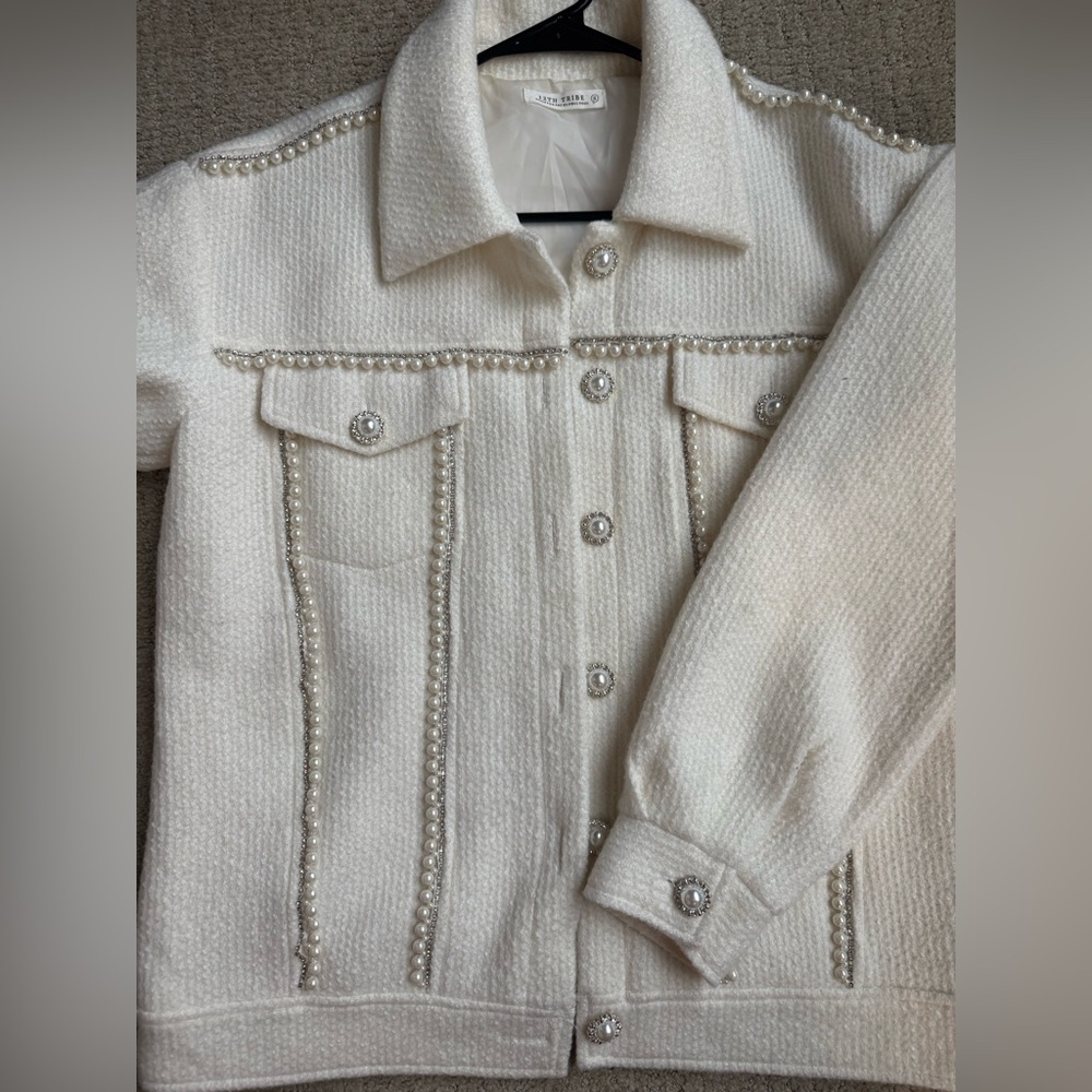 Elegant 12th Tribe Pearl-Embellished White Jacket